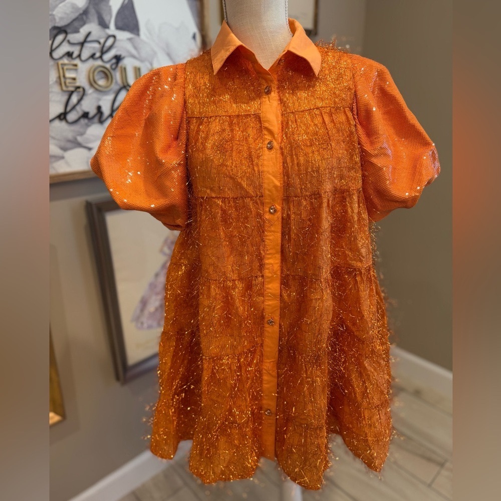 New! QUEEN OF SPARKLES Orange Tinsel Sequin Poof Sleeve Mini Dress